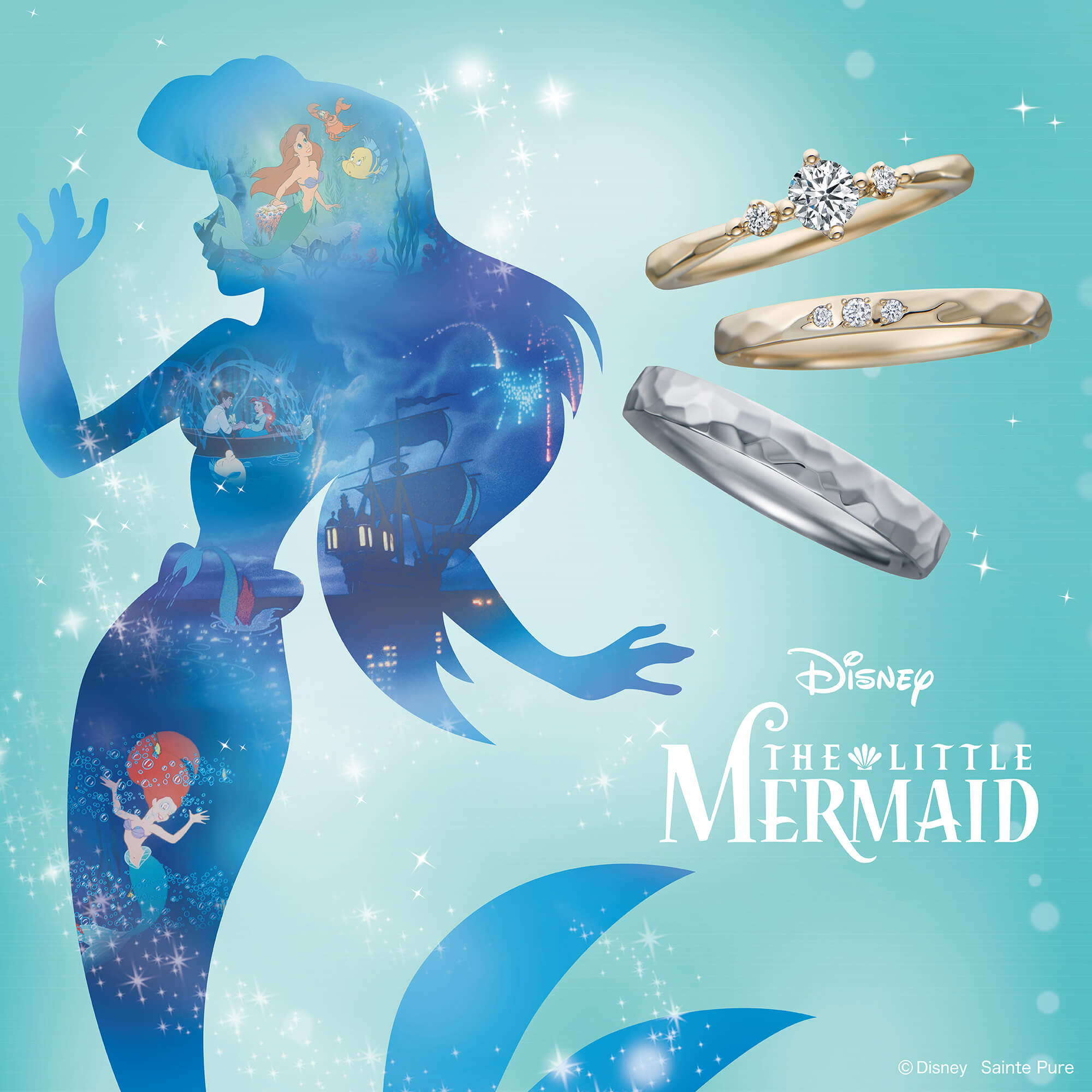 DisneyTHELITTLEMERMAIDディズニーリトルマーメイドの婚約指輪エンゲージリングEngagementringと結婚指輪マリッジリングMarriageringのセットリングSetringのDancingBubbles ダンシングバブルズ