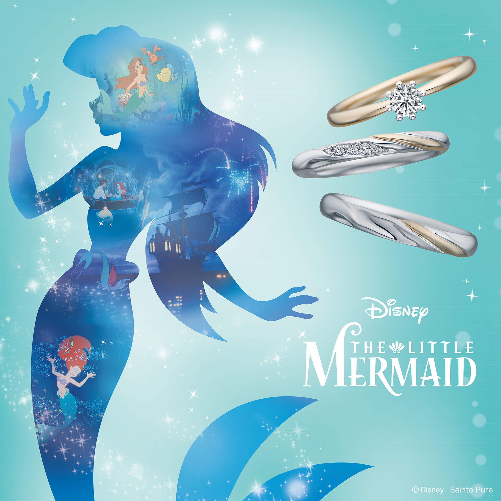 DisneyTHELITTLEMERMAIDディズニーリトルマーメイドの婚約指輪エンゲージリングEngagementringと結婚指輪マリッジリングMarriageringのセットリングSetringのDreamingMermaidドリーミングマーメイド