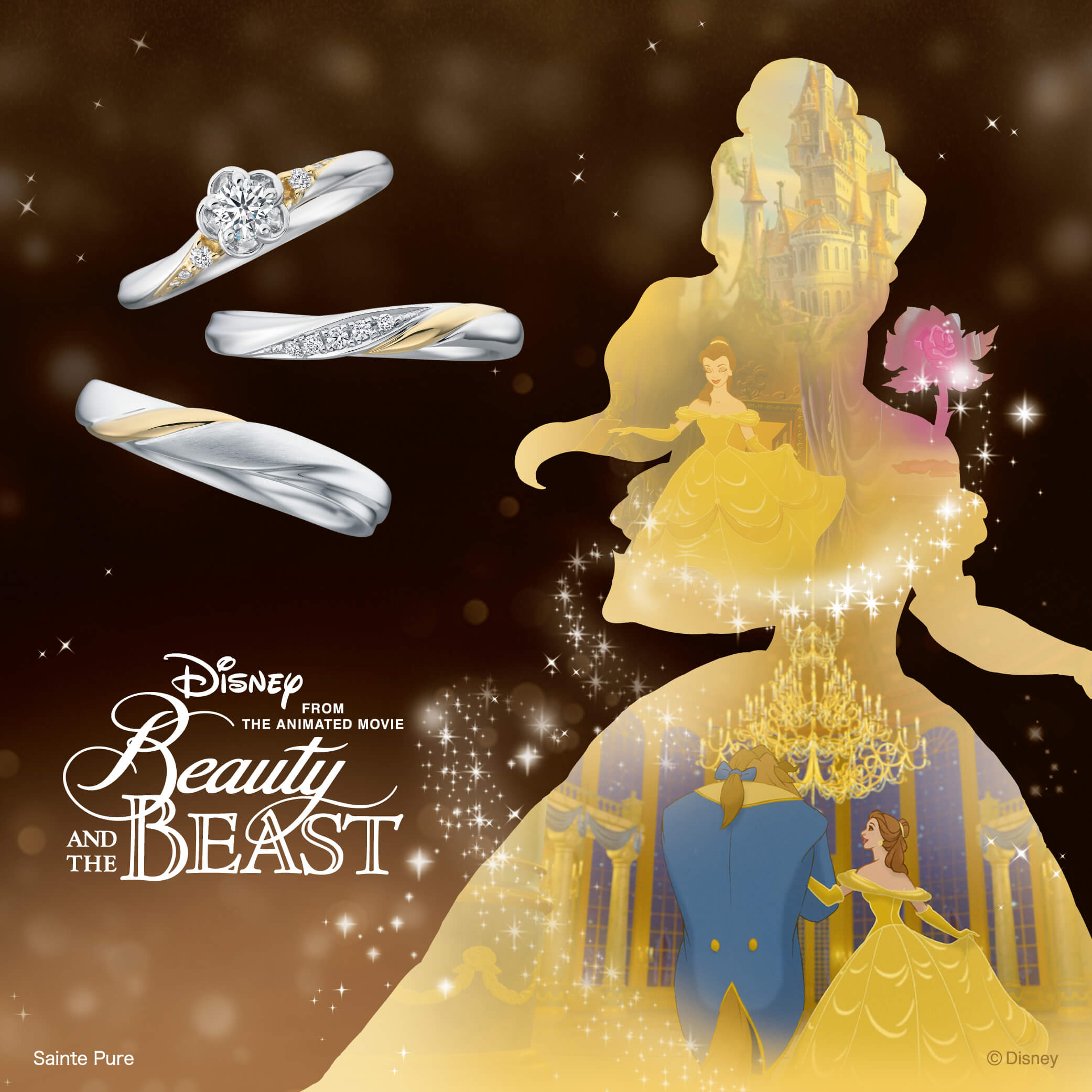 婚約指輪エンゲージリングEngagementringと結婚指輪マリッジリングMarriageringのセットリングSetringのDisneyBeautyANDTHEBEASTディズニービューティーアンドザビーストの美女と野獣のブライダルコレクションのBe Attractedのビー・アトラクテッド