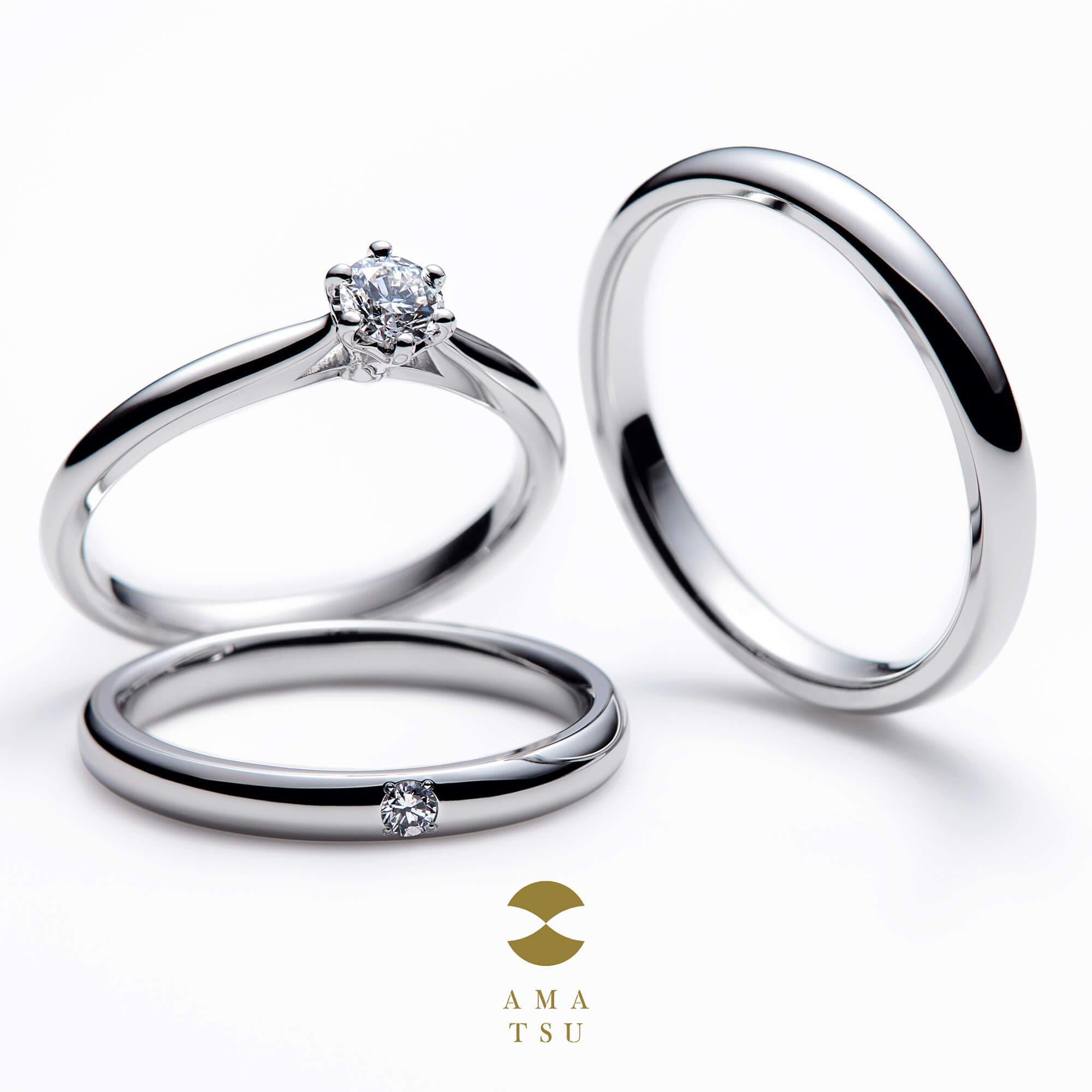 AMATSUアマツの婚約指輪エンゲージリングEngagementringと結婚指輪マリッジリングMarriageringとセットリングSetringのAMT–E–3/25とAMT–E–3/50とAMT–M–3LとAMT–M–3LD/3とAMT–M–3LD/5とAMT–M–3LD/7とAMT–M–3MとAMT–M–3MWの柏hakuハク