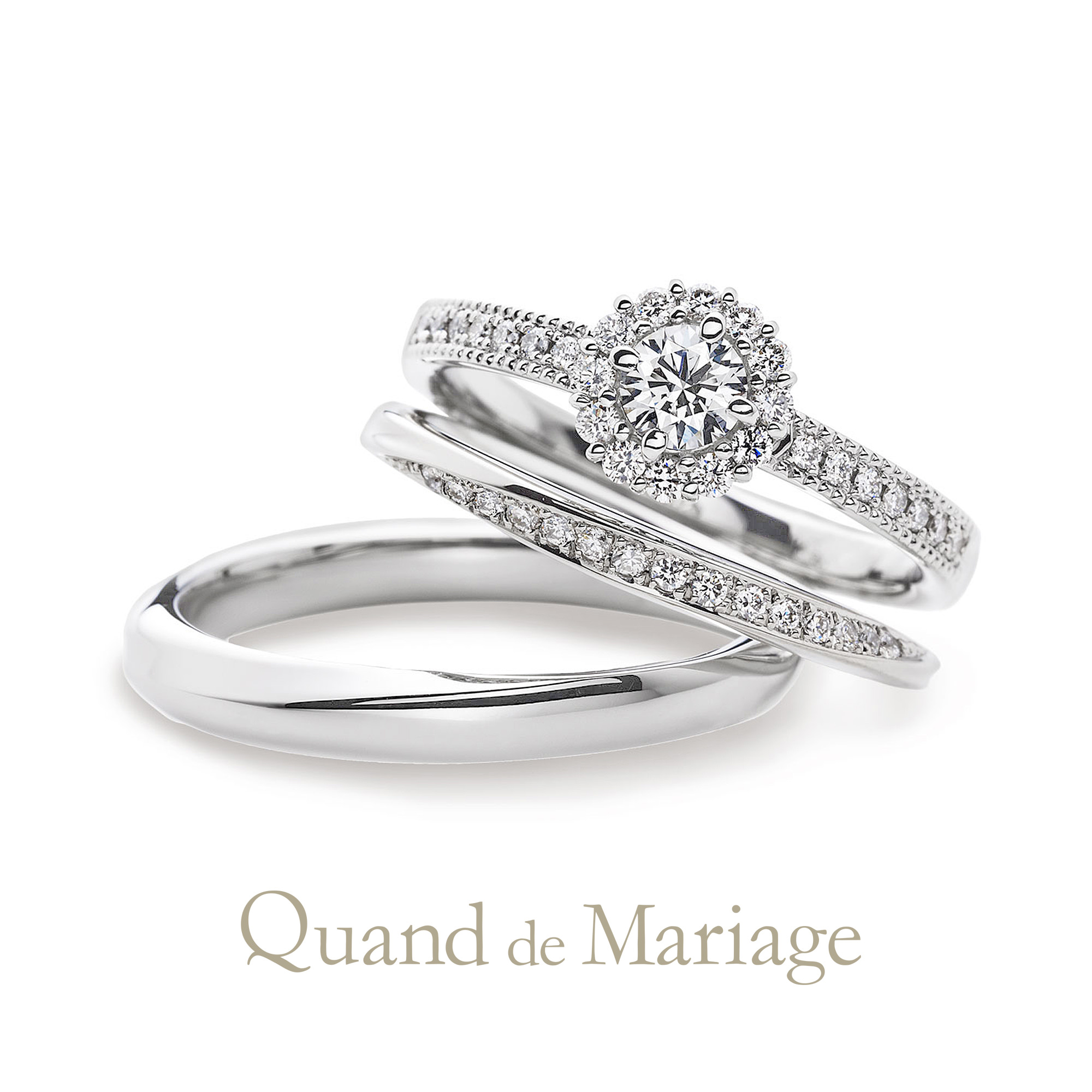 Quand de Mariageクワンドゥマリアージュの婚約指輪でエンゲージリングと結婚指輪でマリッジリングのセットリングAu Soleilオ ソレイユ