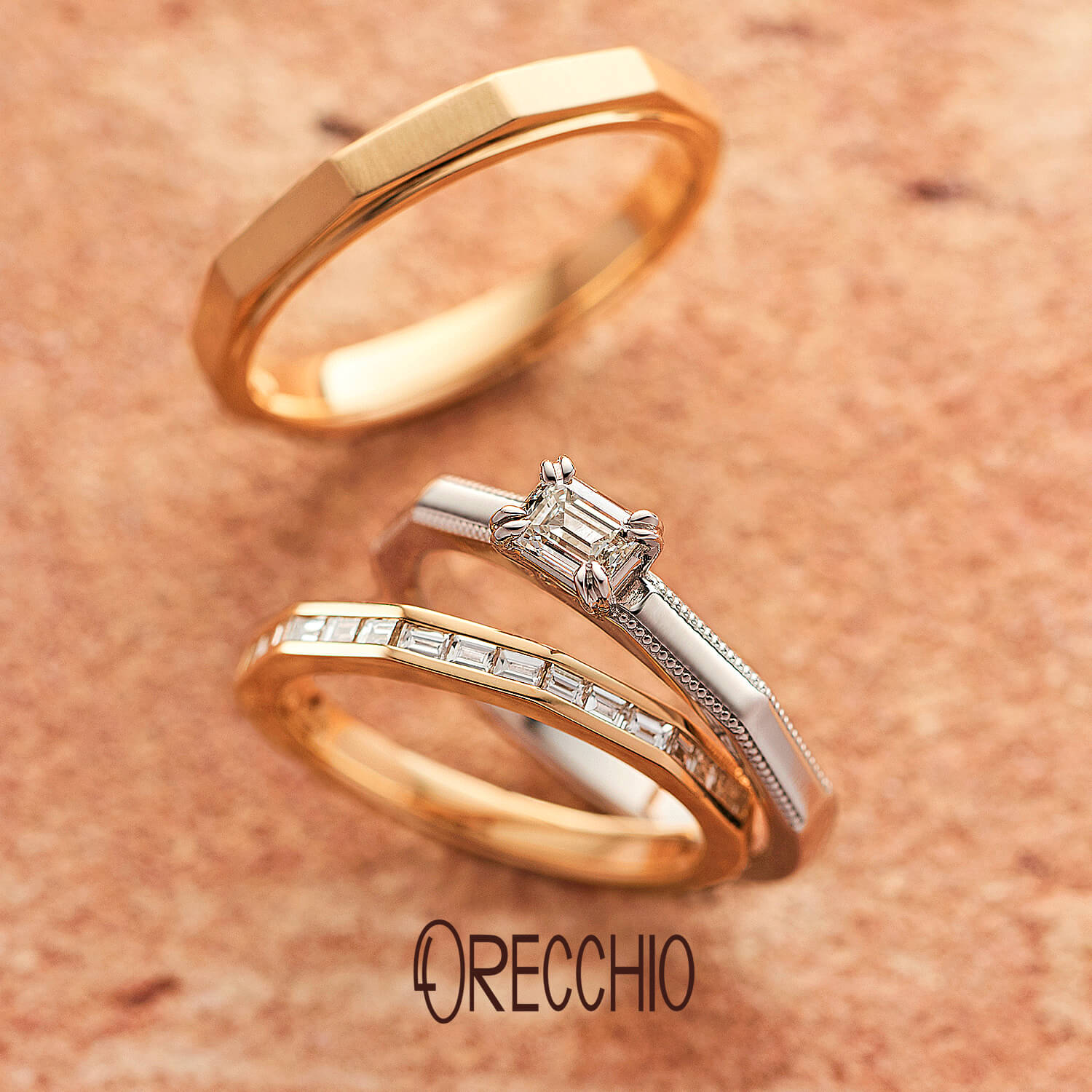 ORECCHIOオレッキオの婚約指輪safariサファリFE-1204と結婚指輪safariサファリFM-2222とFM-2221