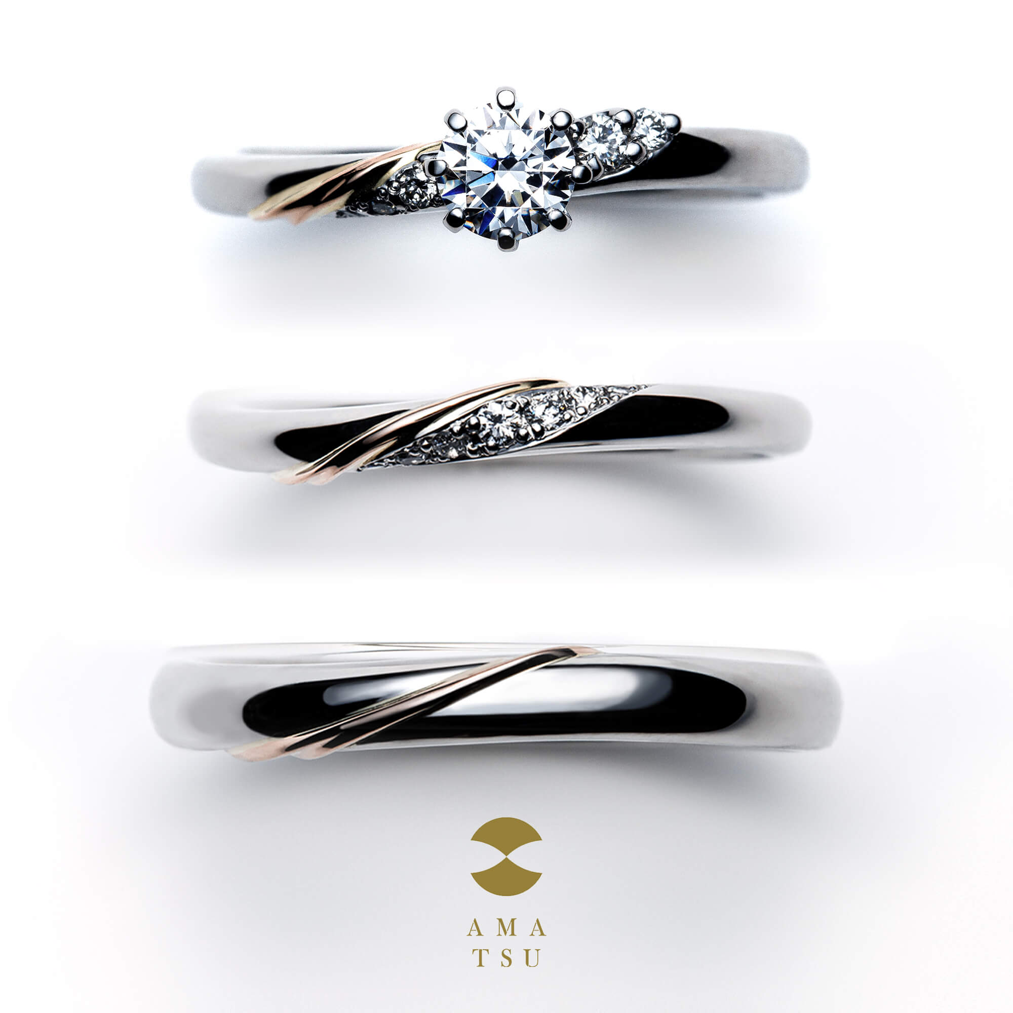 和風・和テイスト・和風ブランド・和ブランド・日本らしいブランドのAMATSUアマツの婚約指輪エンゲージリングEngagementringと結婚指輪マリッジリングMarriageringとセットリングSetringのAMT–E–8/25とAMT–E–8/50とAMT–M–8LとAMT–M–8Mの仙senセン